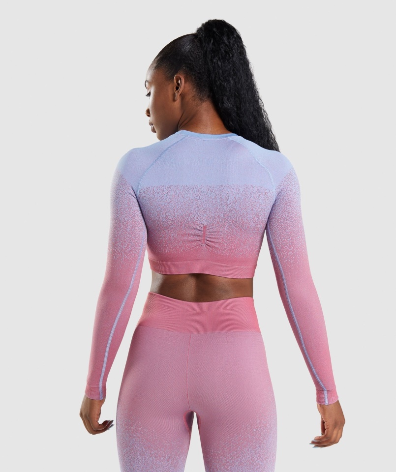 Adapt Ombre Varrat Nélküli Hosszú Ujjú Crop Felső Rózsa Rózsaszín-világoskék Gymshark