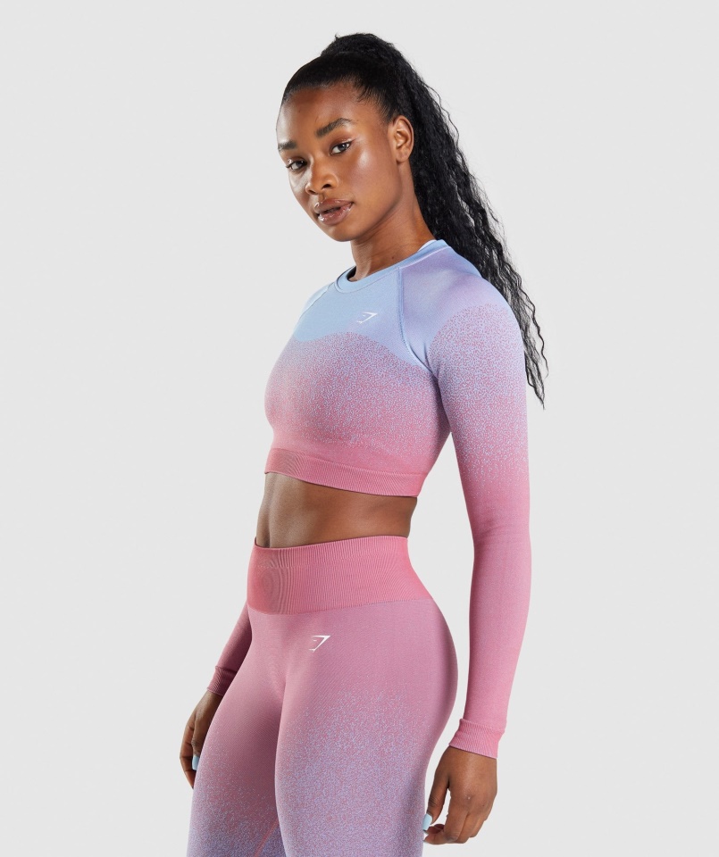 Adapt Ombre Varrat Nélküli Hosszú Ujjú Crop Felső Rózsa Rózsaszín-világoskék Gymshark