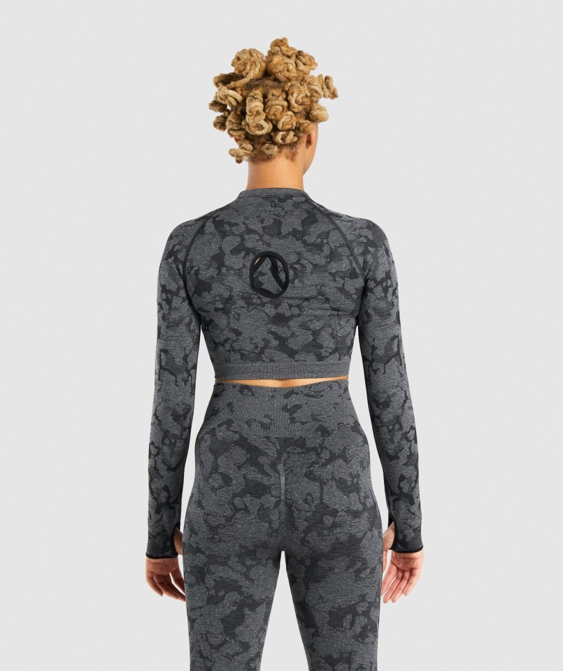 Gymshark Adapt Camo Varrat Nélküli Hosszú Ujjú Crop Felső Fekete