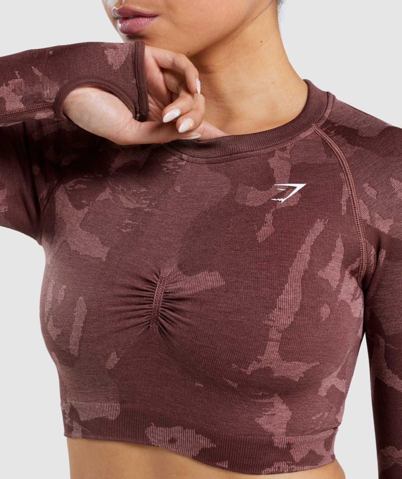 Gymshark Adapt Camo Varrat Nélküli Hosszú Ujjú Crop Top Szavanna-cseresznyebarna