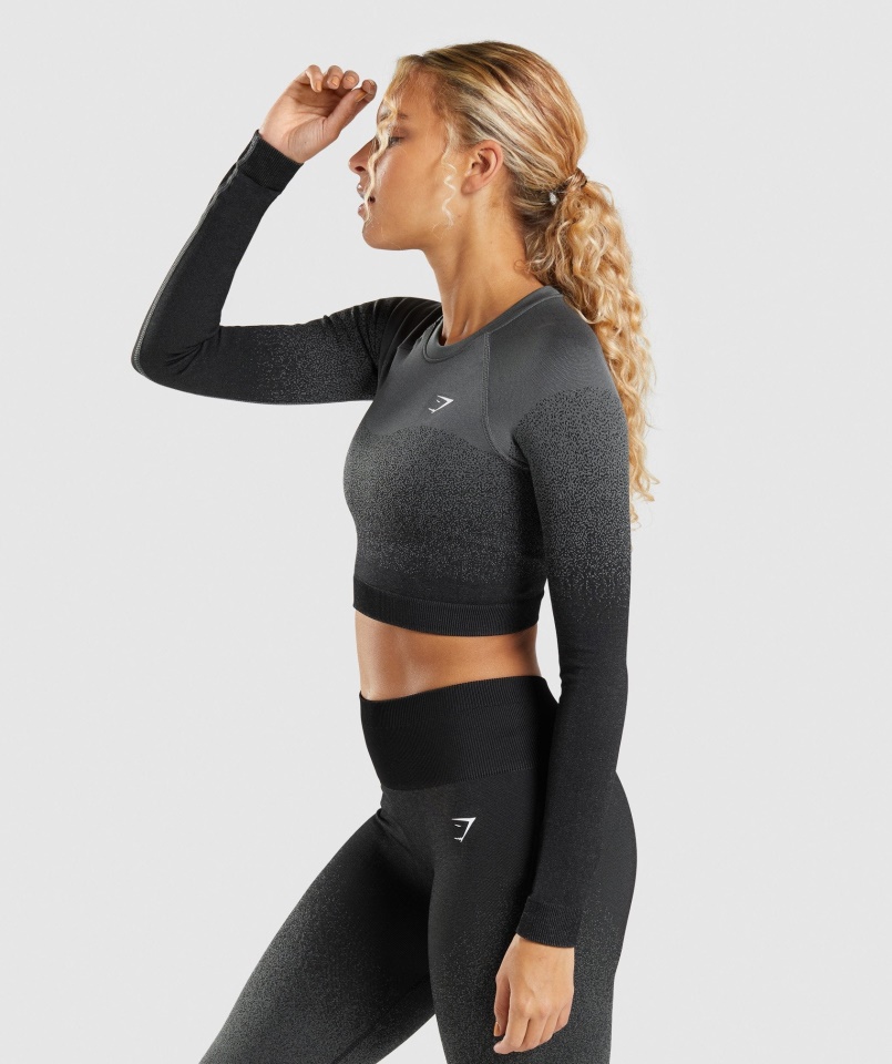 Gymshark Fekete-szürke Adapt Ombre Varrás Nélküli Hosszú Ujjú Crop Top