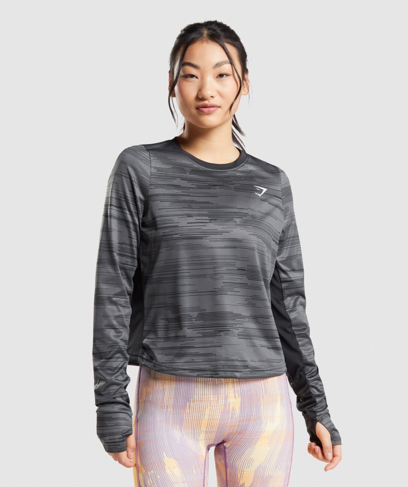 Gymshark Fekete Mintás Sport Bő Hosszú Ujjú Póló