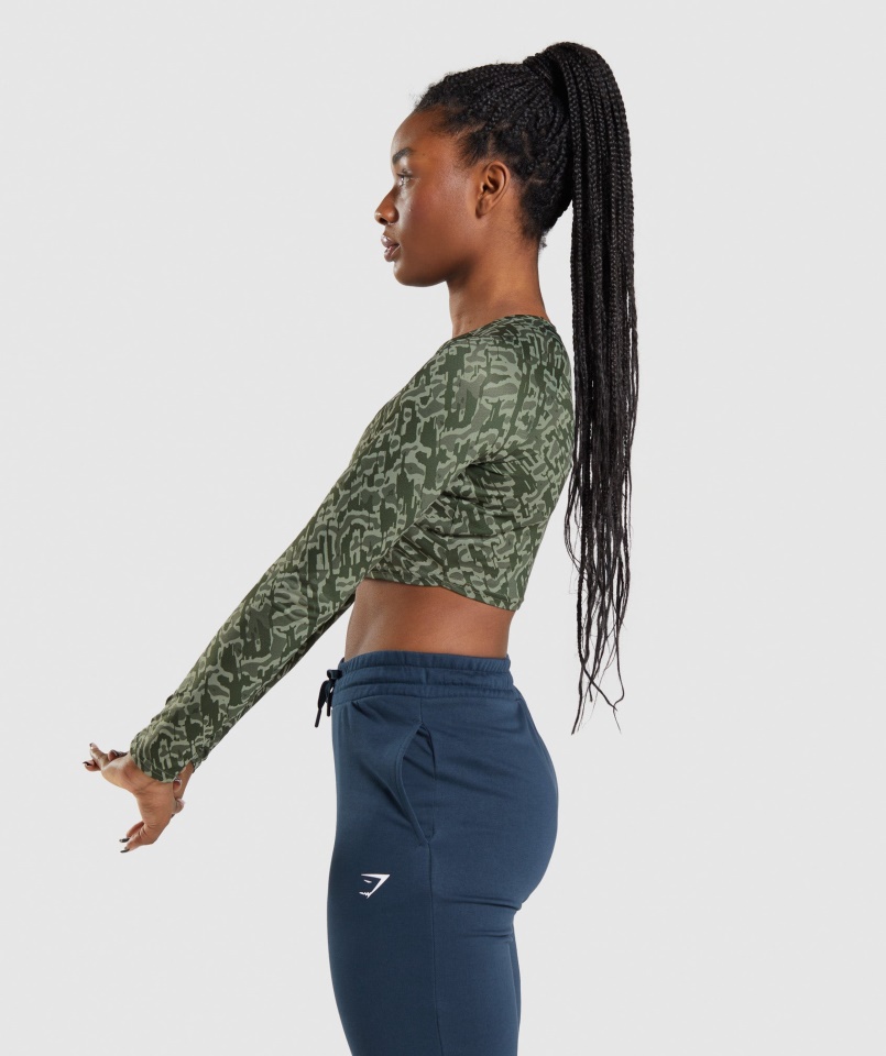 Gymshark Green Print Edzés Hosszú Ujjú Crop Top