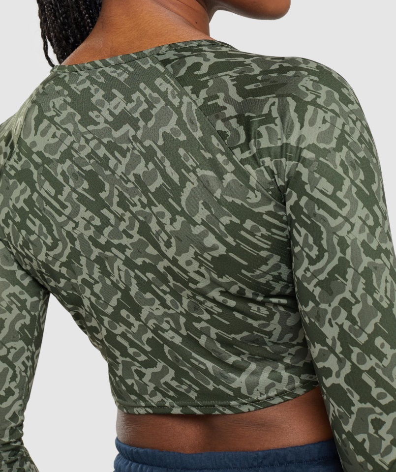 Gymshark Green Print Edzés Hosszú Ujjú Crop Top