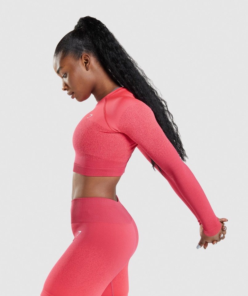Gymshark Pink-red Adapt Ombre Varrás Nélküli Hosszú Ujjú Crop Top