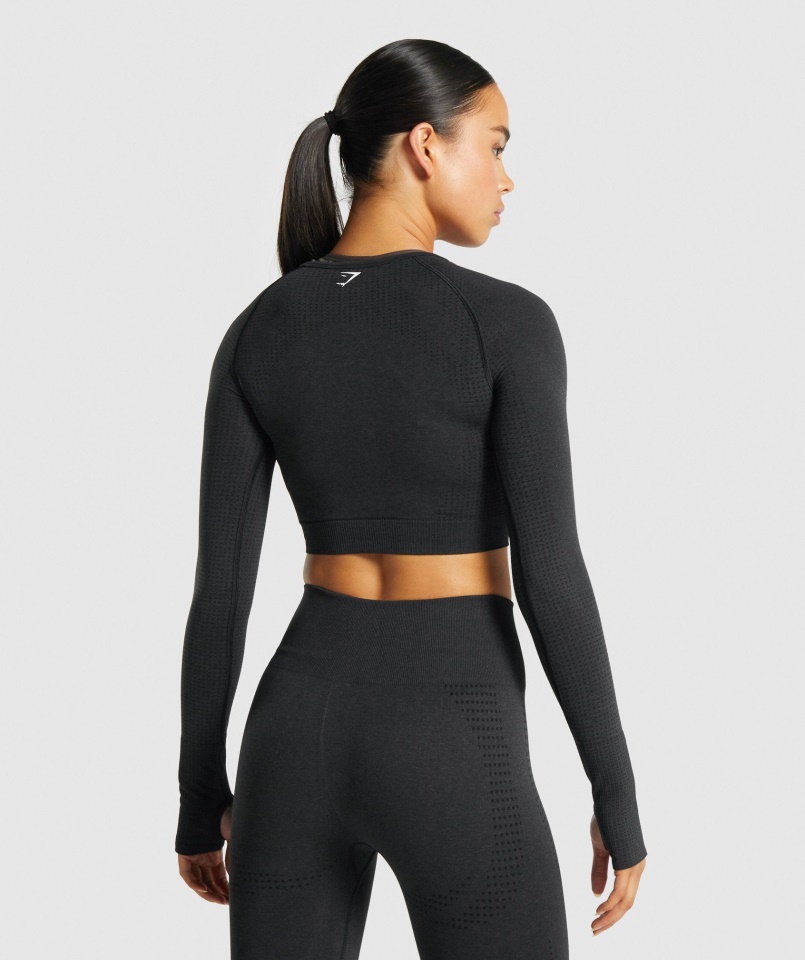 Gymshark Vital Varrat Nélküli 2.0 Hosszú Ujjú Crop Felső Fekete Márga