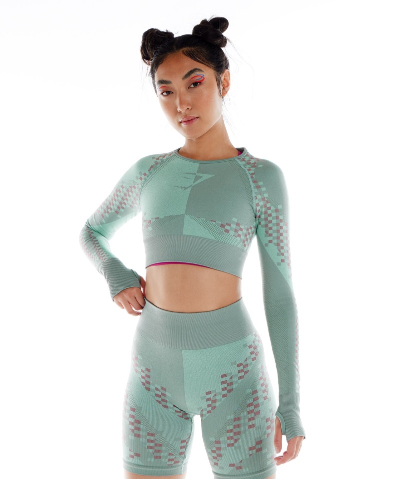 Gymshark Wtflex Cyborg Varrat Nélküli Hosszú Ujjú Crop Top Maya Kék-hibiszkusz Rózsaszín-turbókék